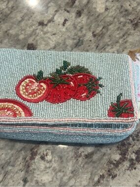 Beaded Bag Light Blue w/Tomatoes and Gold Chain